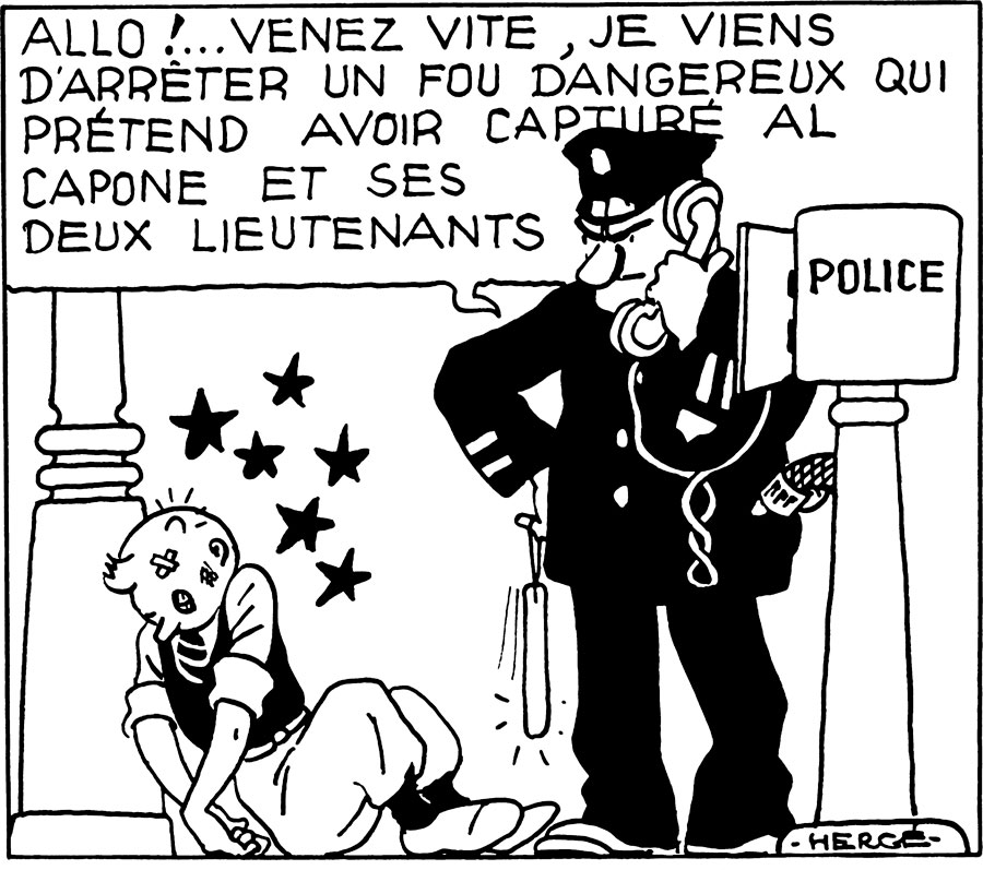 Tintin en Amérique noir et blanc policier assomme Tintin