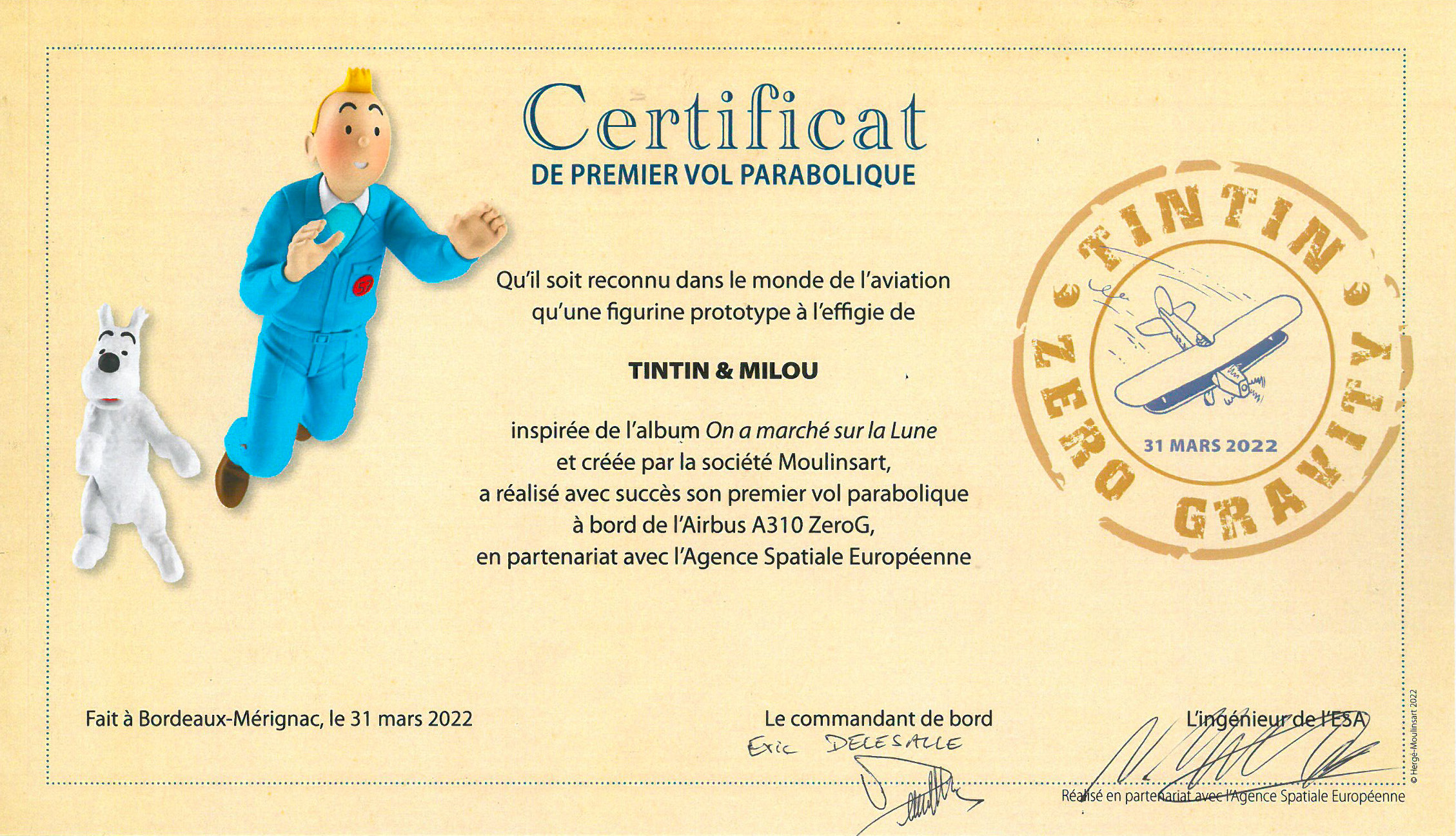Certificat de premier vol parabolique