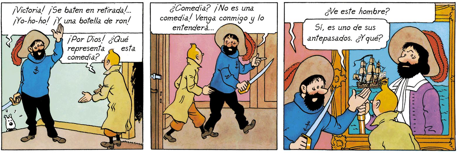 Le capitaine Haddock présente le portrait de son ancêtre le Chevalier François de Hadoque à Tintin