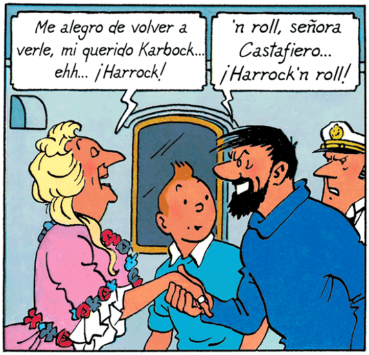Le capitaine Haddock dit bonjour à la Castafiore qui se trompe de nom et dit Harrock