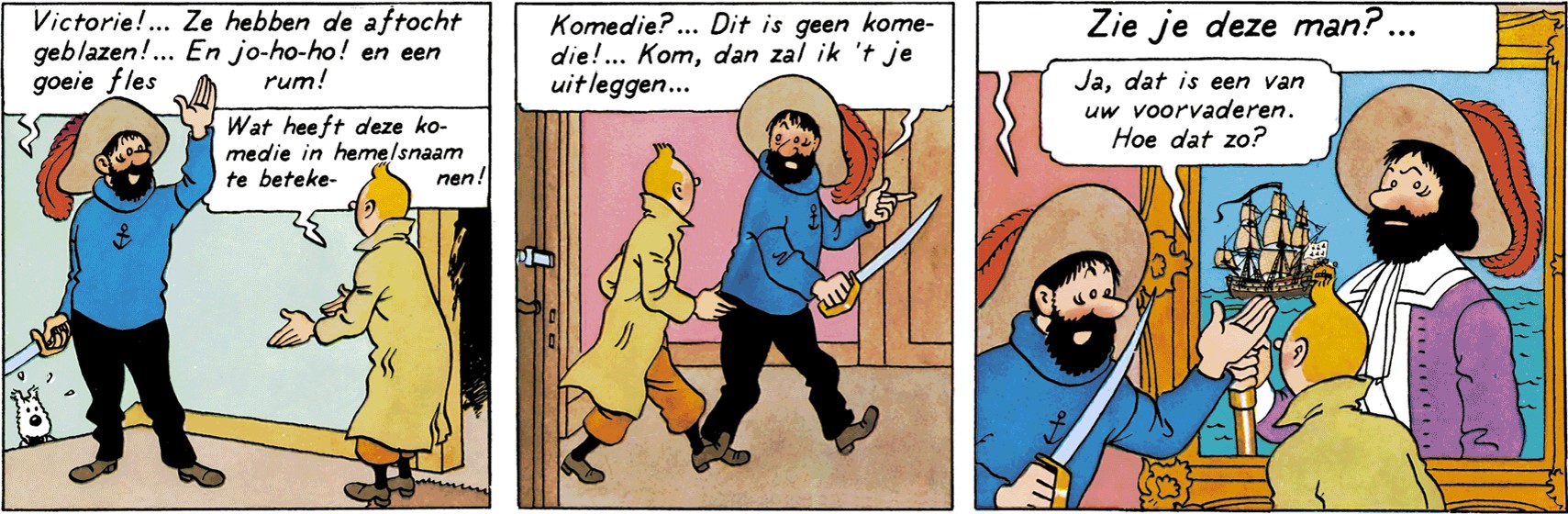 Le capitaine Haddock présente le portrait de son ancêtre le Chevalier François de Hadoque à Tintin