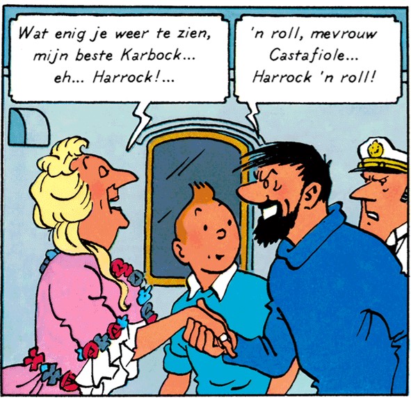 Le capitaine Haddock dit bonjour à la Castafiore qui se trompe de nom et dit Harrock