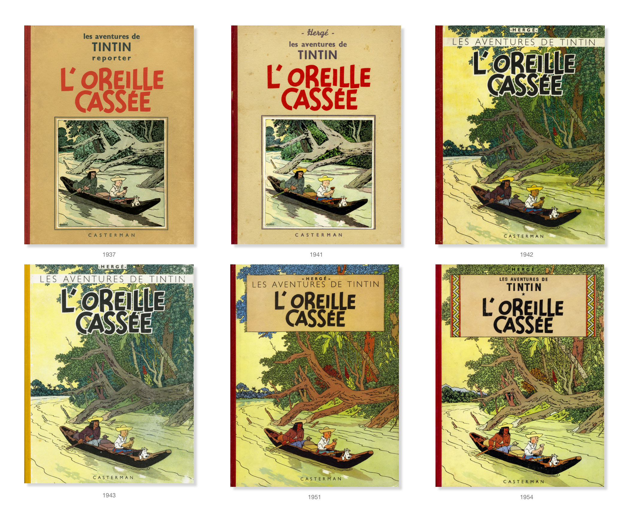 Couvertures de Tintin L'oreille cassé de 1937 à 1954